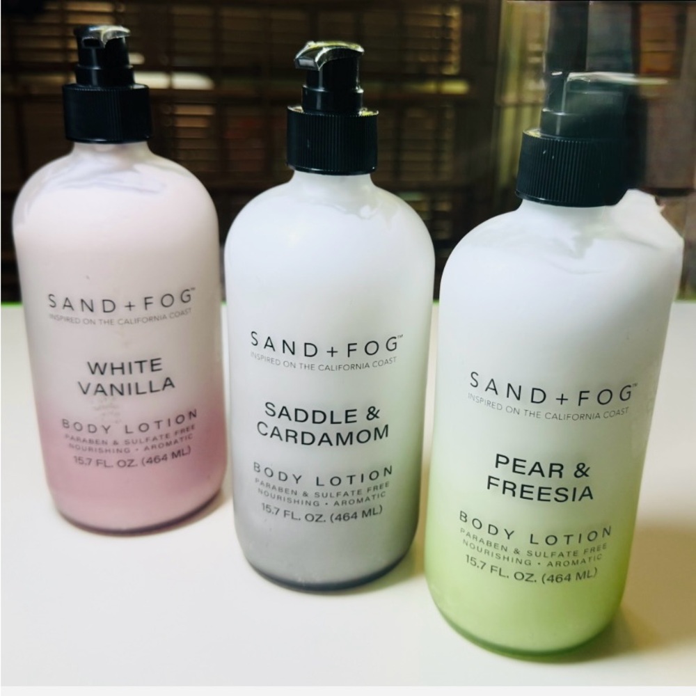 NWOB Sand + Fog Body Lotion Glass Bottle Variety,10.1 Fluid Ounce -3 QTY